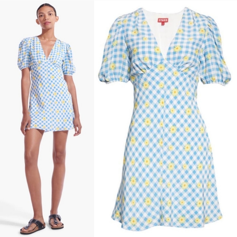 Nwt STAUD Mille Gingham plaid Daisy print mini dress 12